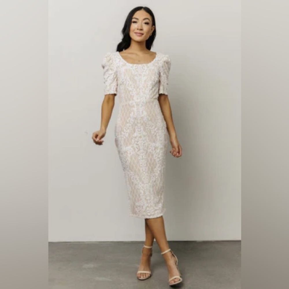 White Sequin Midi Dress with Puff Sleeves NEW